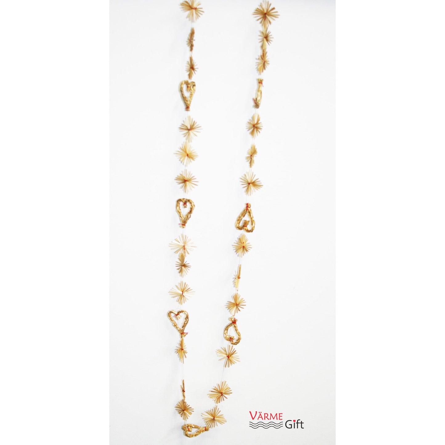 Straw Christmas tree garland with snowflakes, stars, and hearts, 5 feet, Scandinavian decoration
