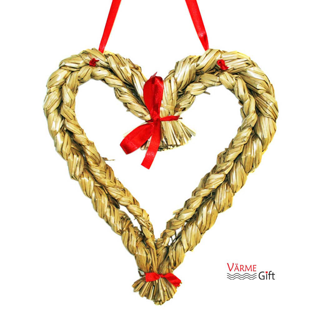 Straw heart with red ribbon, 12 inch, Scandinavian Christmas wall decoration