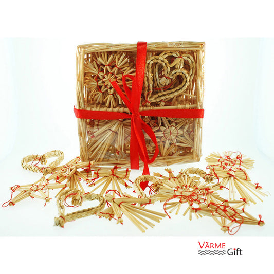 Straw Christmas Ornaments in Basket - 24 Assorted