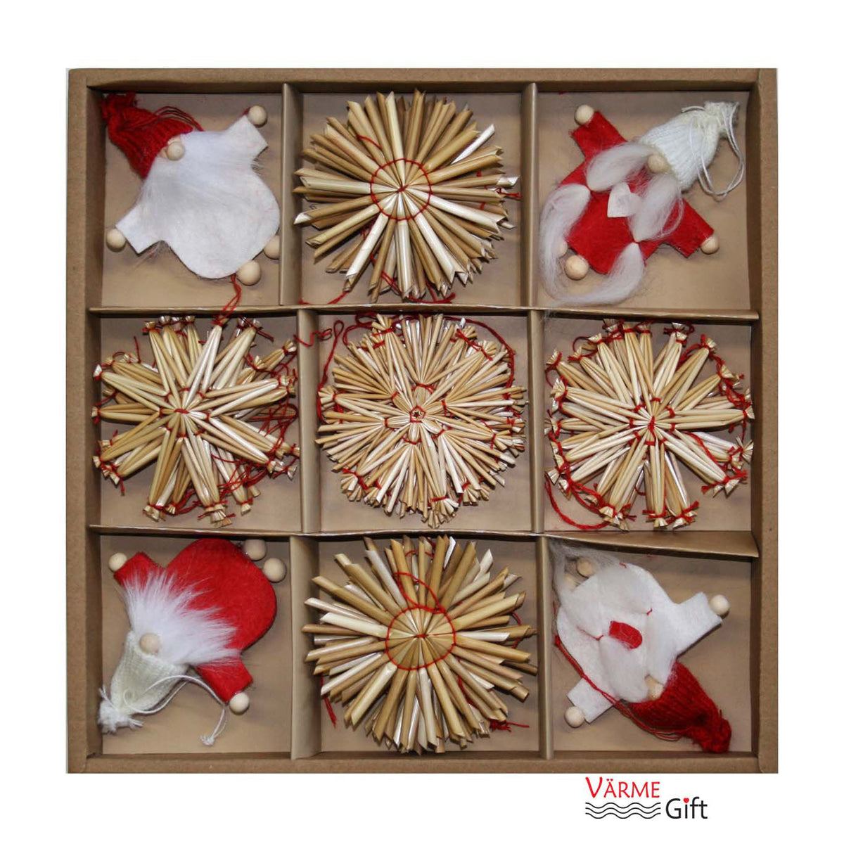 A gift box with nine compartments holding straw stars and red-and-white felt tomte ornaments.