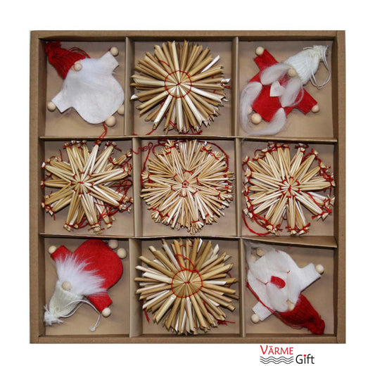 Straw and tomte Christmas ornament set, 34 pieces, Scandinavian Nordic holiday decorations