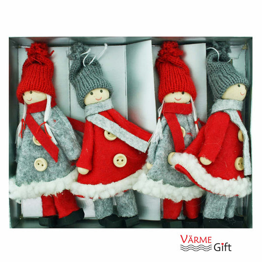 Tomte Santa Girls and Boys Christmas Ornaments - 4 Pack - Red and Grey