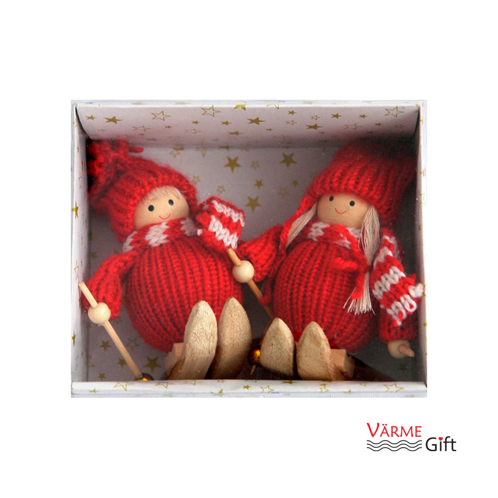 Tomte Santas Boy and Girl Skier Christmas Ornaments